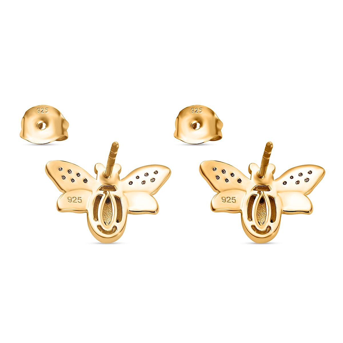 Black & White Diamond Bee Earrings in 18K Yellow Gold Vermeil Plated Sterling Silver 0.33 Ct.