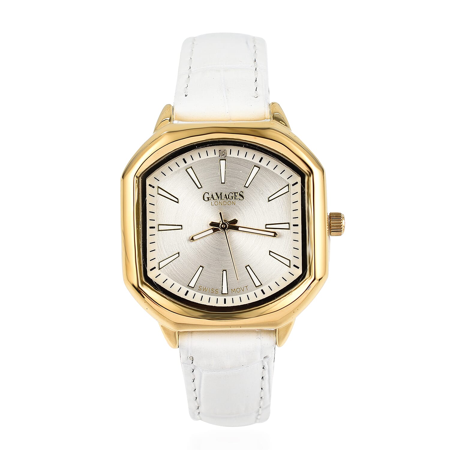 Gamages Of London Swiss Quartz Movement Water Resistant Ladies Viscountess Diamond Gold White Watch with White Leather Bracelet
