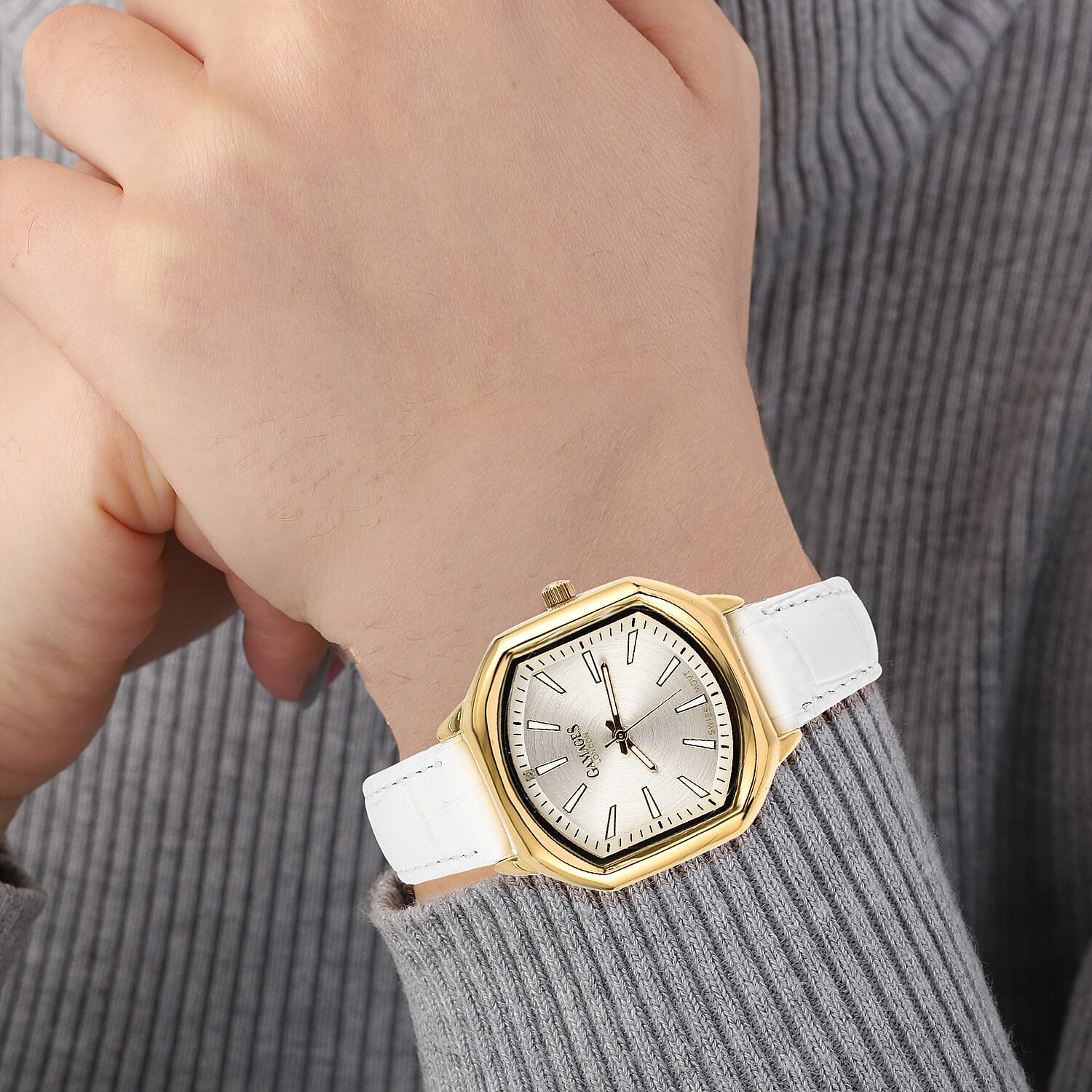 Gamages Of London Swiss Quartz Movement Water Resistant Ladies Viscountess Diamond Gold White Watch with White Leather Bracelet