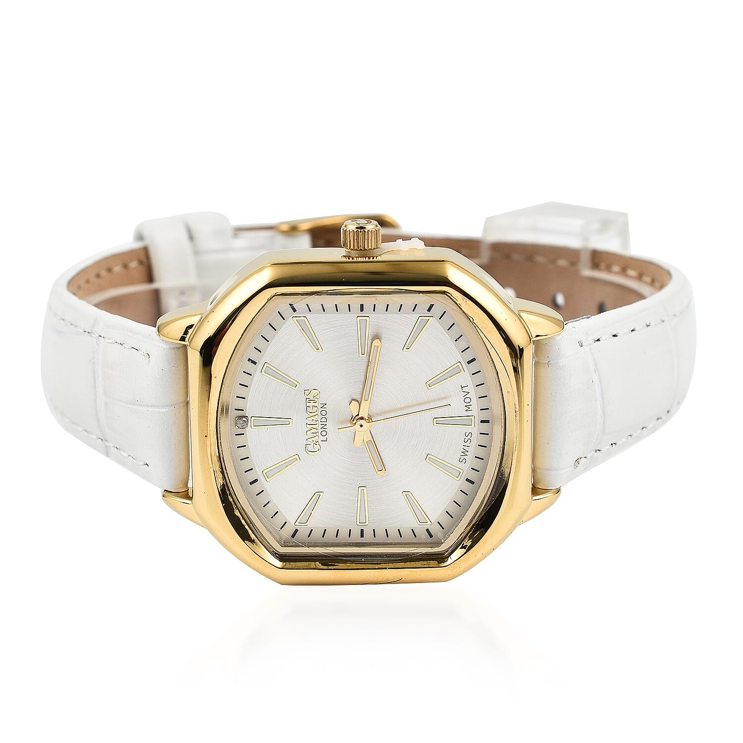 Gamages Of London Swiss Quartz Movement Water Resistant Ladies Viscountess Diamond Gold White Watch with White Leather Bracelet