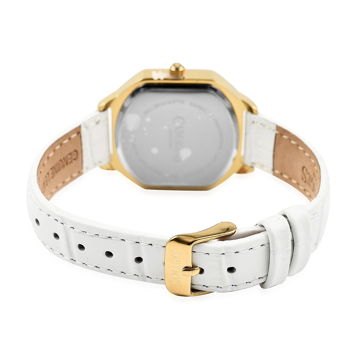 Gamages Of London Swiss Quartz Movement Water Resistant Ladies Viscountess Diamond Gold White Watch with White Leather Bracelet