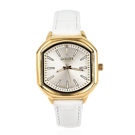 Gamages Of London Swiss Quartz Movement Water Resistant Ladies Viscountess Diamond Gold White Watch with White Leather Bracelet