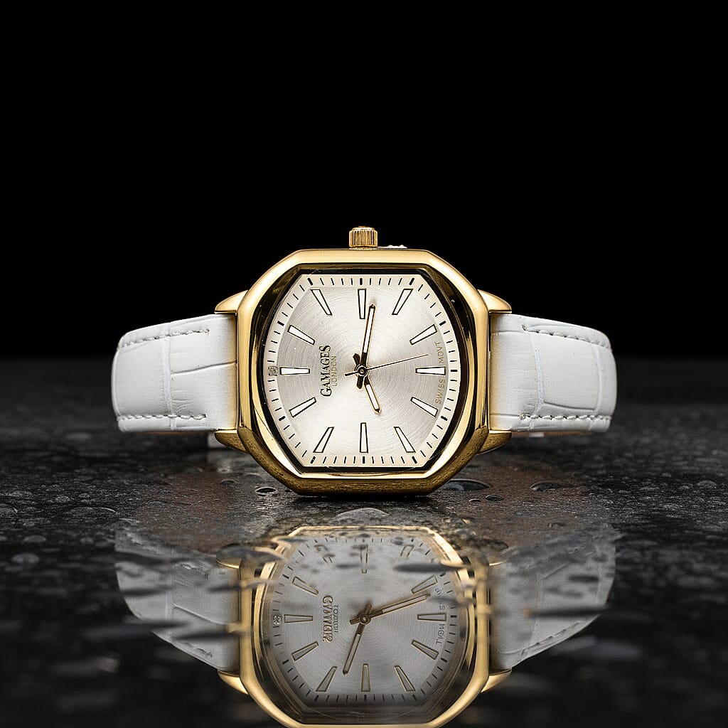 Gamages Of London Swiss Quartz Movement Water Resistant Ladies Viscountess Diamond Gold White Watch with White Leather Bracelet