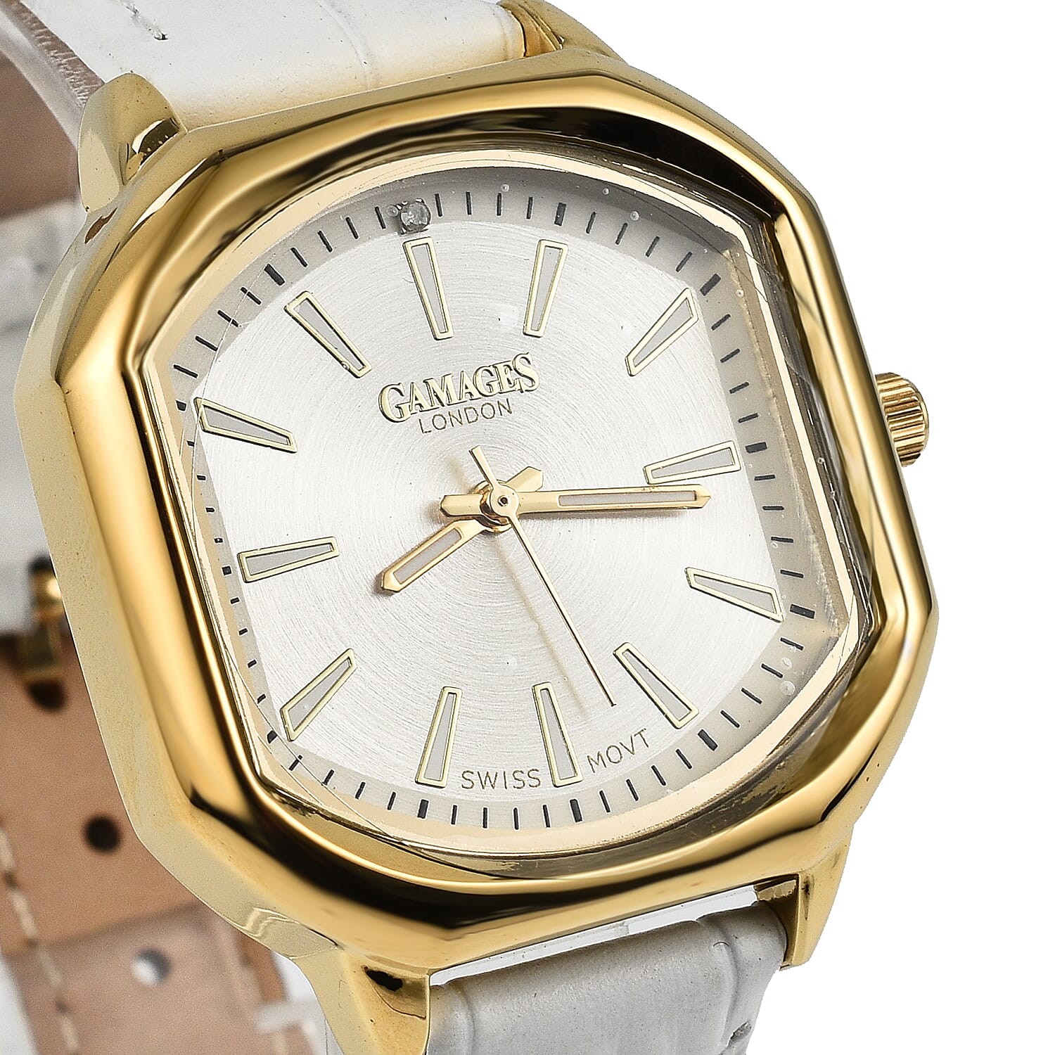 Gamages Of London Swiss Quartz Movement Water Resistant Ladies Viscountess Diamond Gold White Watch with White Leather Bracelet