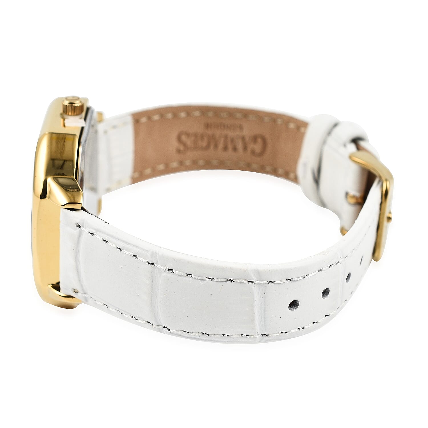 Gamages Of London Swiss Quartz Movement Water Resistant Ladies Viscountess Diamond Gold White Watch with White Leather Bracelet