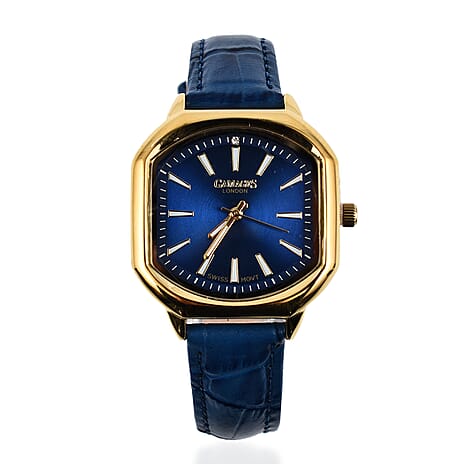 Gamages Of London Swiss Quartz Movement Water Resistant Ladies Viscountess Diamond Gold Navy Watch with Royal Blue Leather Bracelet