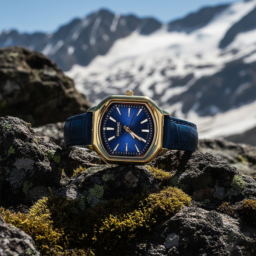 Gamages Of London Swiss Quartz Movement Water Resistant Ladies Viscountess Diamond Gold Navy Watch with Royal Blue Leather Bracelet