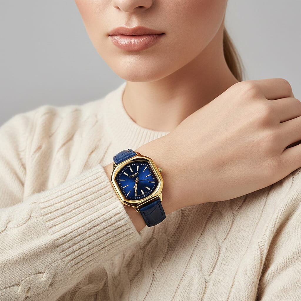 Gamages Of London Swiss Quartz Movement Water Resistant Ladies Viscountess Diamond Gold Navy Watch with Royal Blue Leather Bracelet