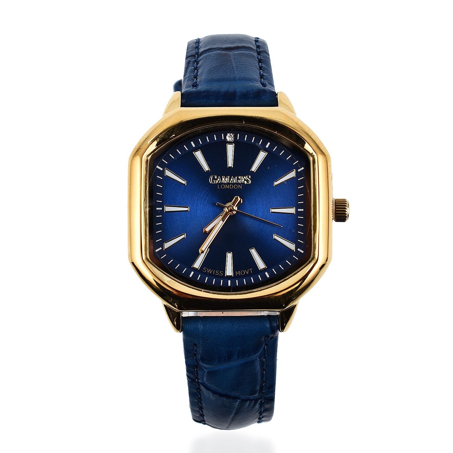 Gamages Of London Swiss Quartz Movement Water Resistant Ladies Viscountess Diamond Gold Navy Watch with Royal Blue Leather Bracelet