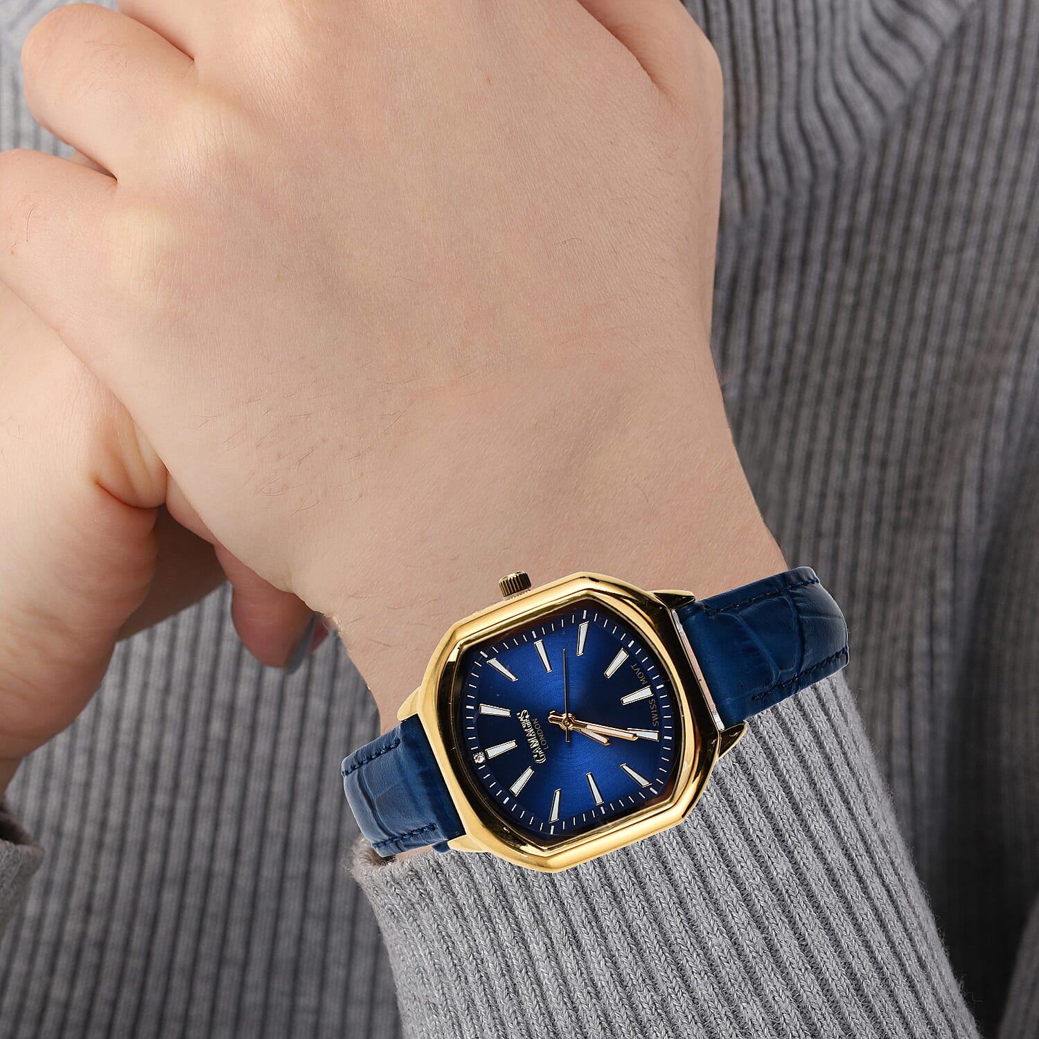 Gamages Of London Swiss Quartz Movement Water Resistant Ladies Viscountess Diamond Gold Navy Watch with Royal Blue Leather Bracelet
