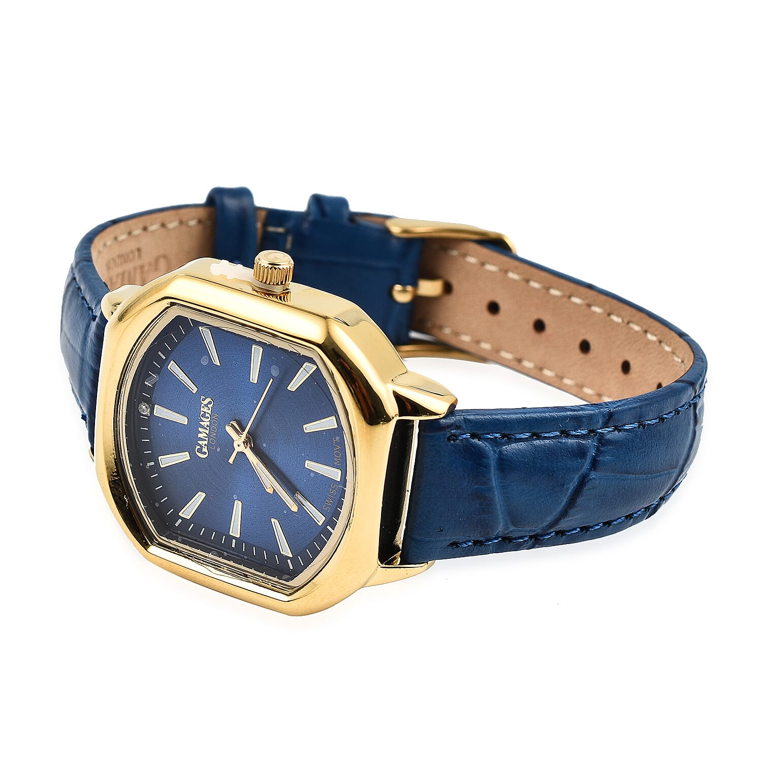Gamages Of London Swiss Quartz Movement Water Resistant Ladies Viscountess Diamond Gold Navy Watch with Royal Blue Leather Bracelet