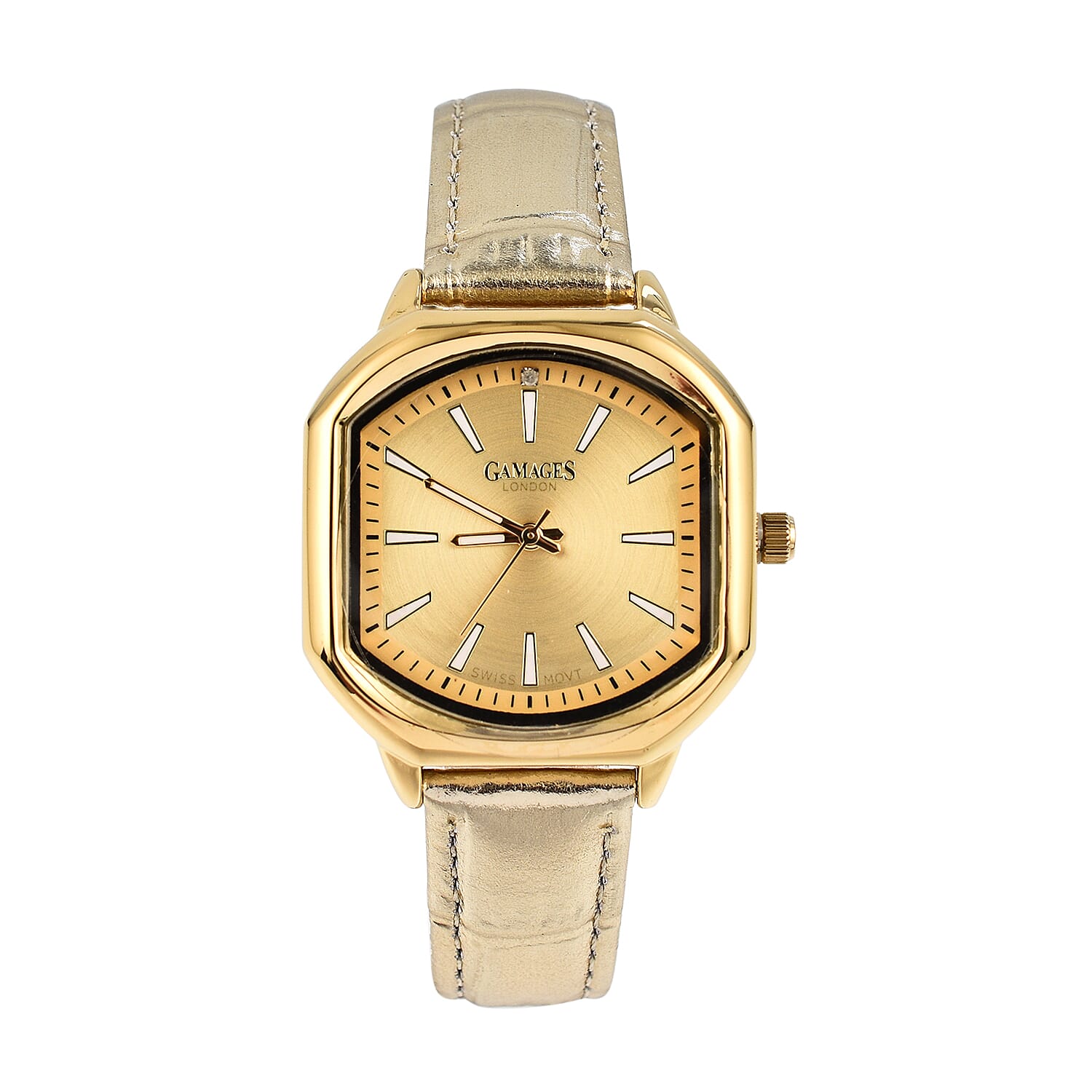 Gamages Of London Swiss Quartz Movement Water Resistant Ladies Viscountess Diamond Gold Champagne Watch with Gold Leather Bracelet