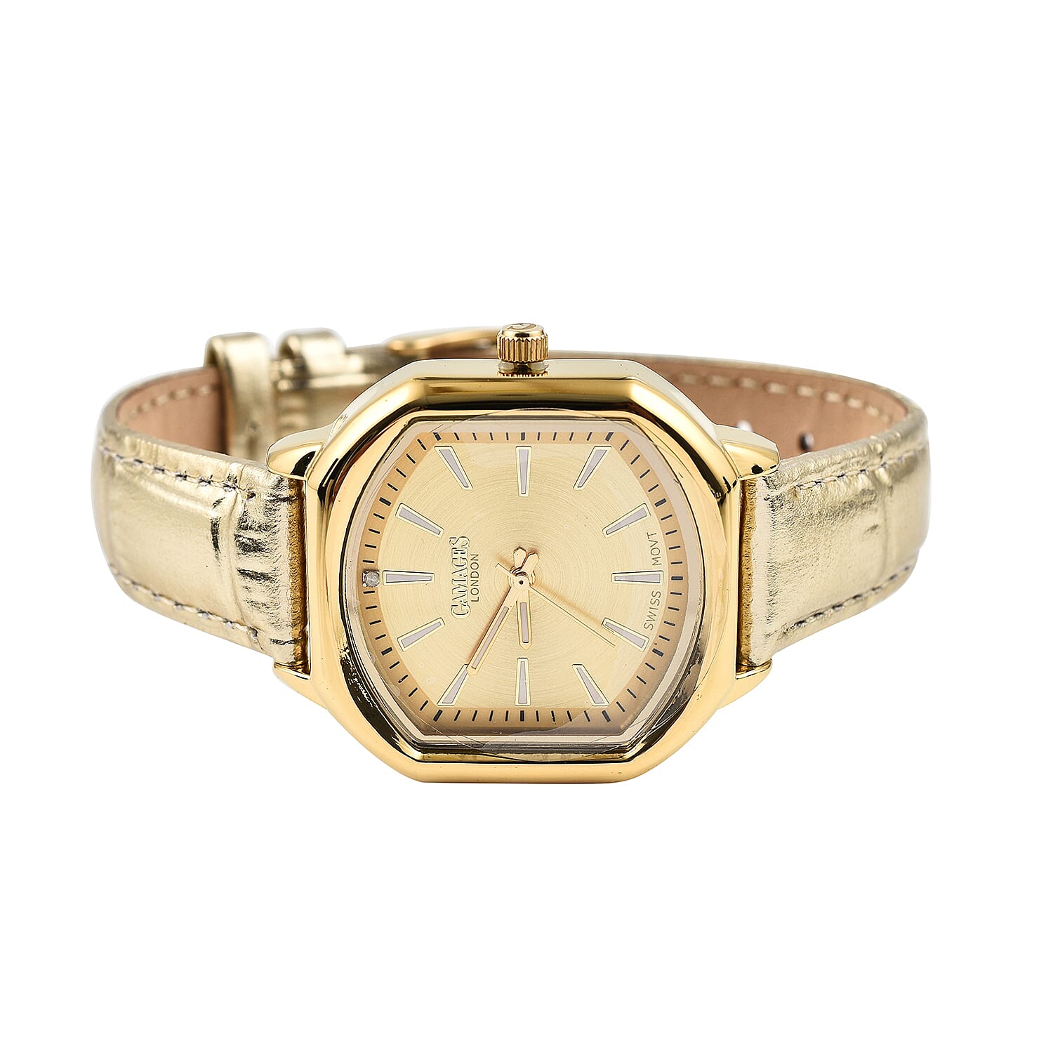 Gamages Of London Swiss Quartz Movement Water Resistant Ladies Viscountess Diamond Gold Champagne Watch with Gold Leather Bracelet