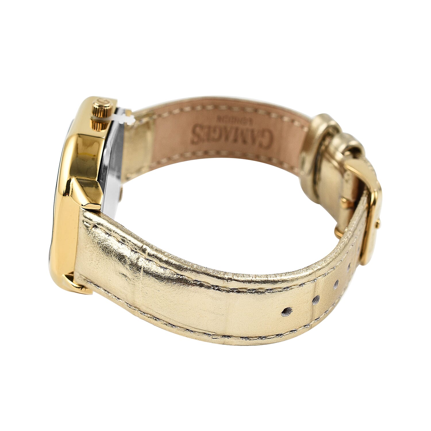 Gamages Of London Swiss Quartz Movement Water Resistant Ladies Viscountess Diamond Gold Champagne Watch with Gold Leather Bracelet