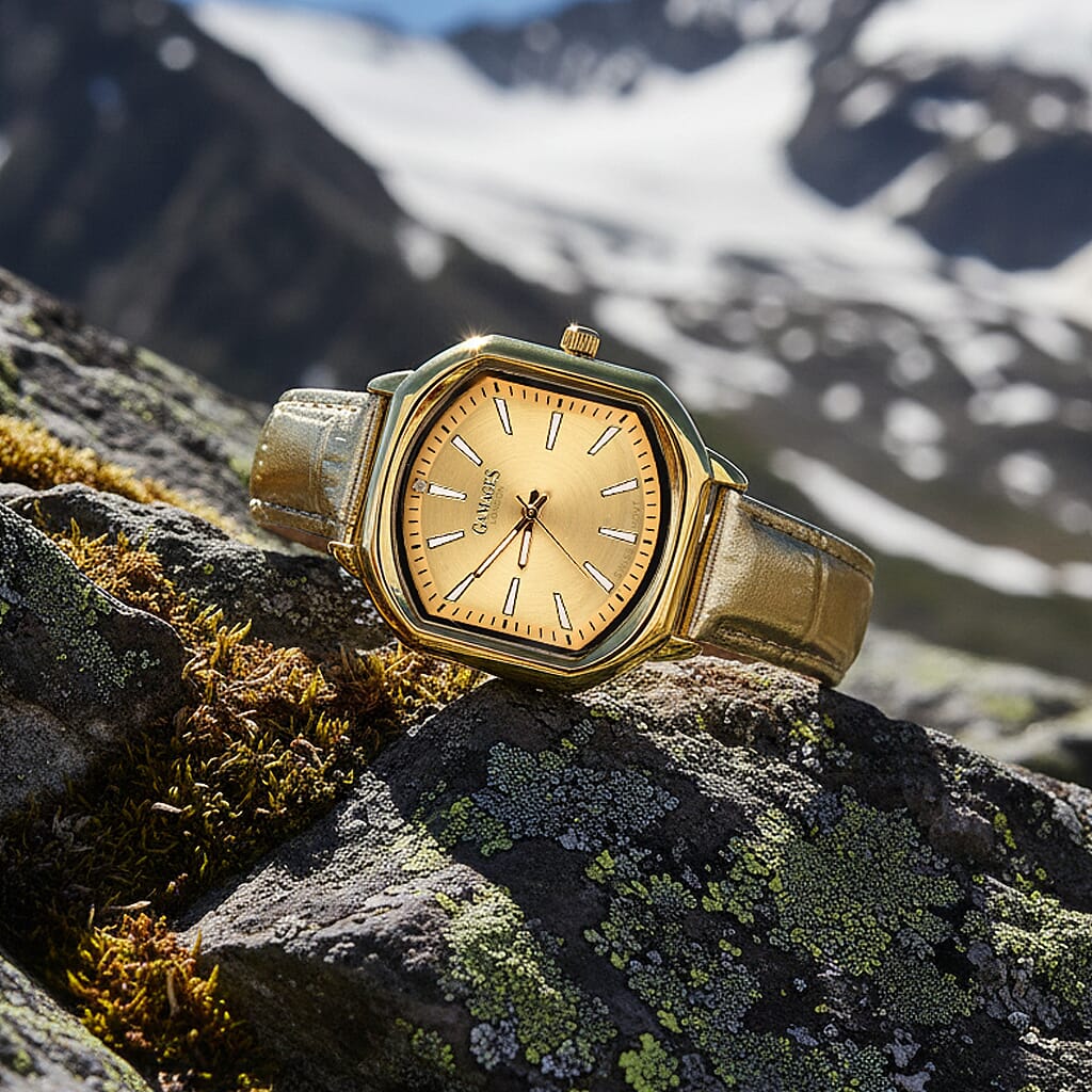 Gamages Of London Swiss Quartz Movement Water Resistant Ladies Viscountess Diamond Gold Champagne Watch with Gold Leather Bracelet