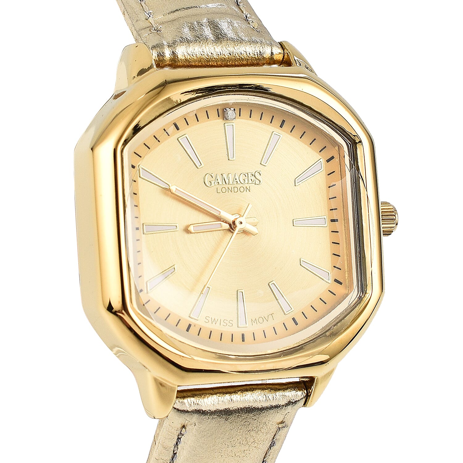 Gamages Of London Swiss Quartz Movement Water Resistant Ladies Viscountess Diamond Gold Champagne Watch with Gold Leather Bracelet