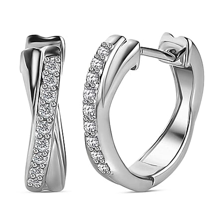 White Diamond J Hoop Half Hoop Earring in Platinum Overlay Sterling Silver 0.324 Ct