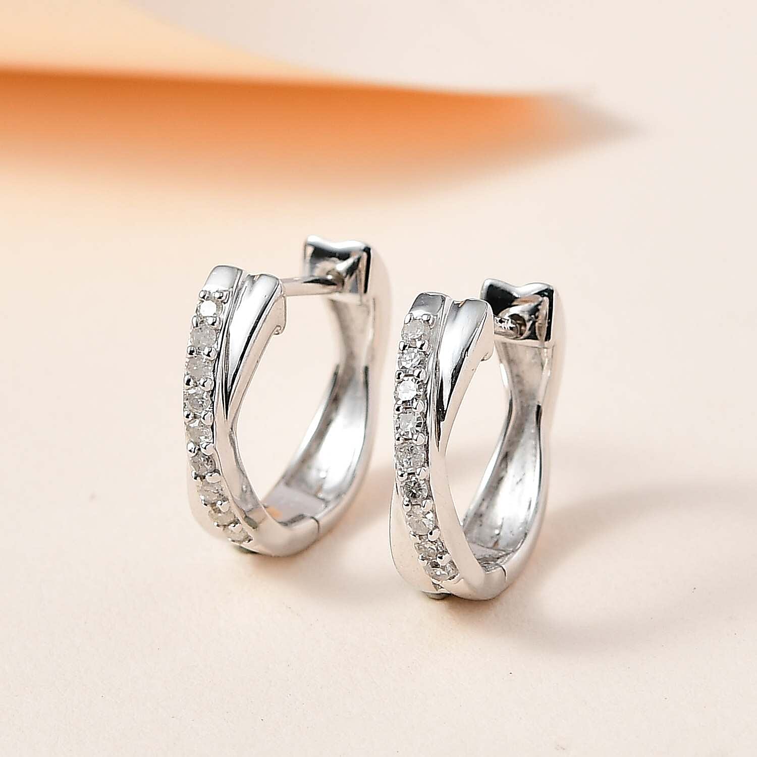 White Diamond J Hoop Half Hoop Earring in Platinum Overlay Sterling Silver 0.32 ct 0.324 Ct.