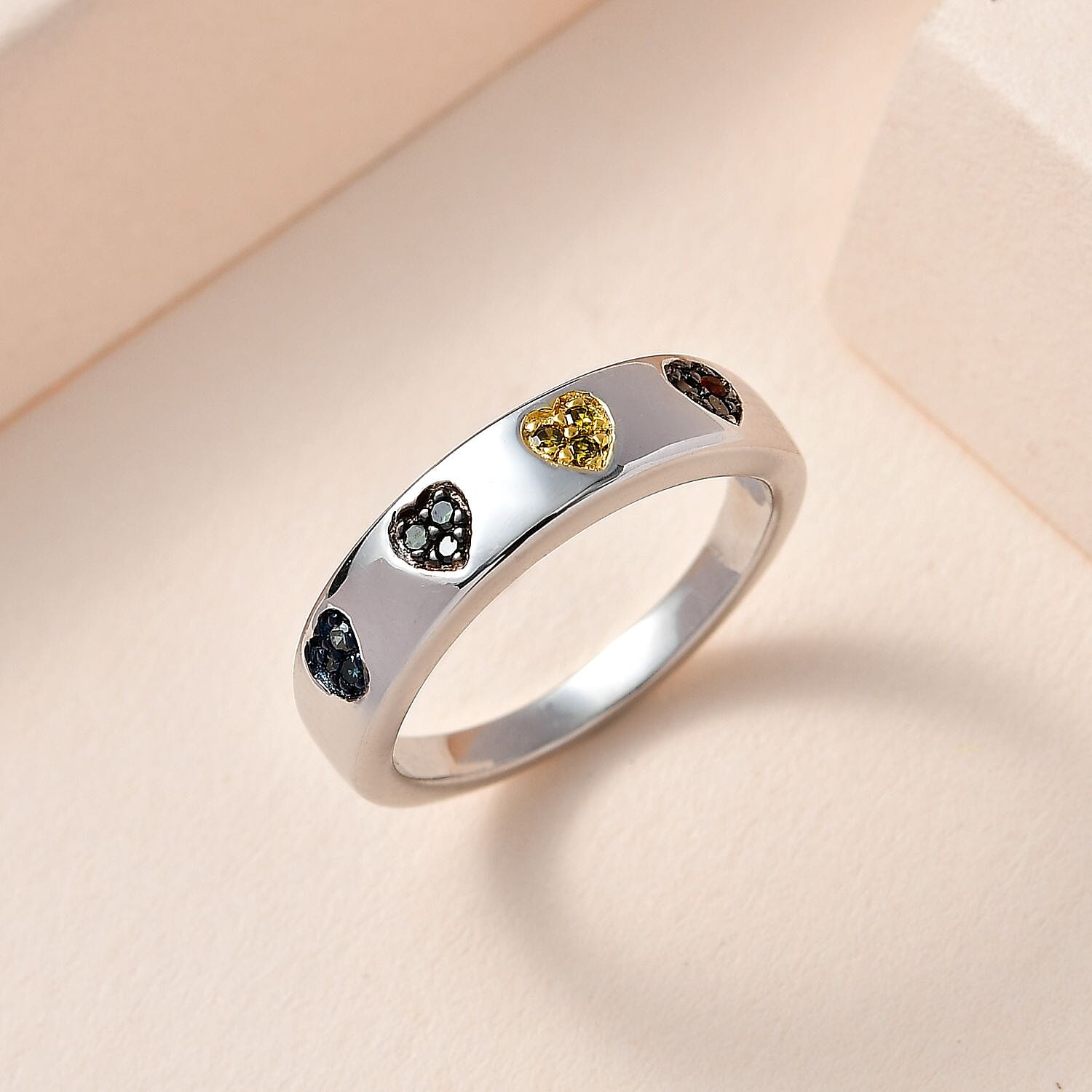 Red Diamond , Multi gemstones Band Ring in Platinum Overlay Sterling Silver 0.12 ct  0.108  Ct.