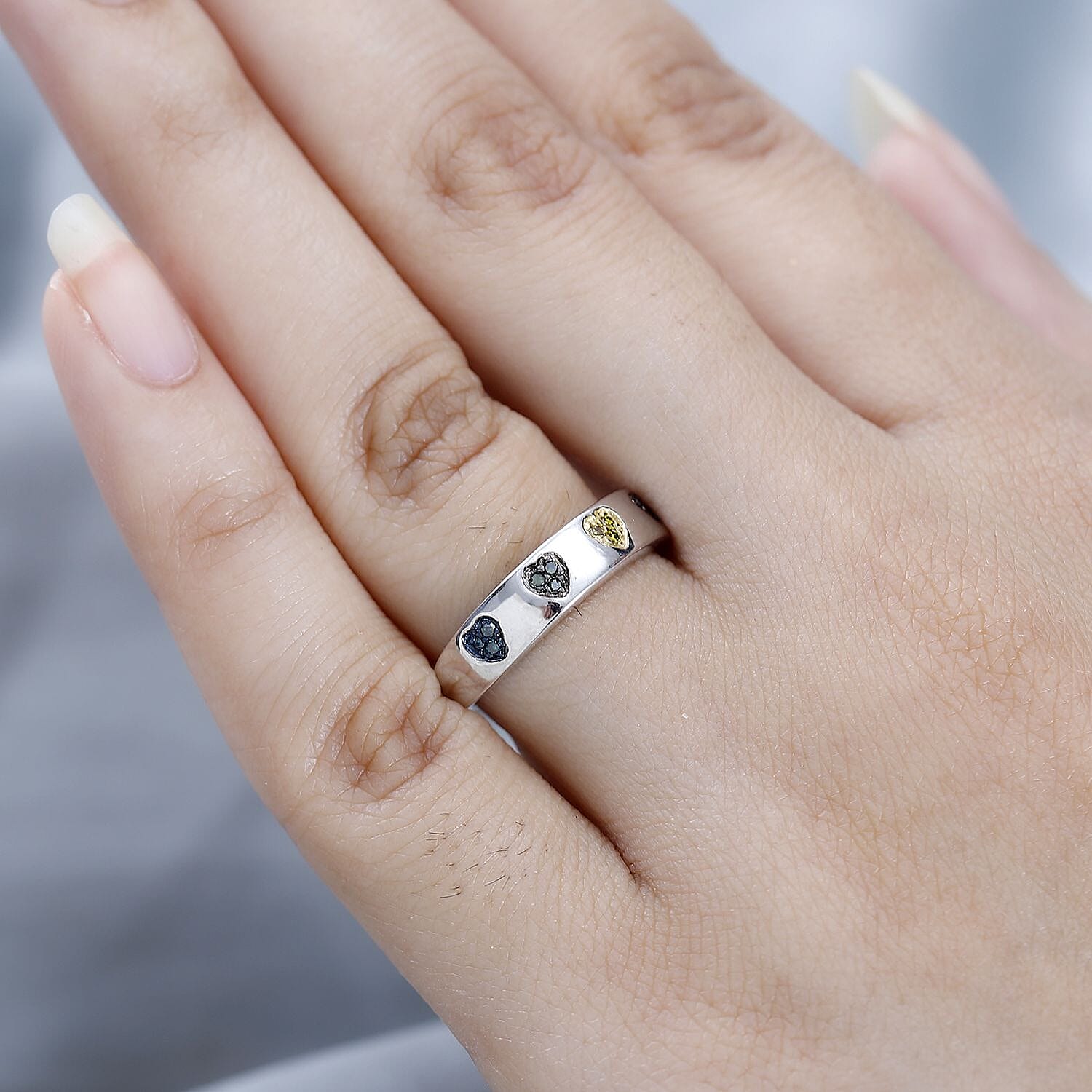 Red Diamond , Multi gemstones Band Ring in Platinum Overlay Sterling Silver 0.12 ct  0.108  Ct.