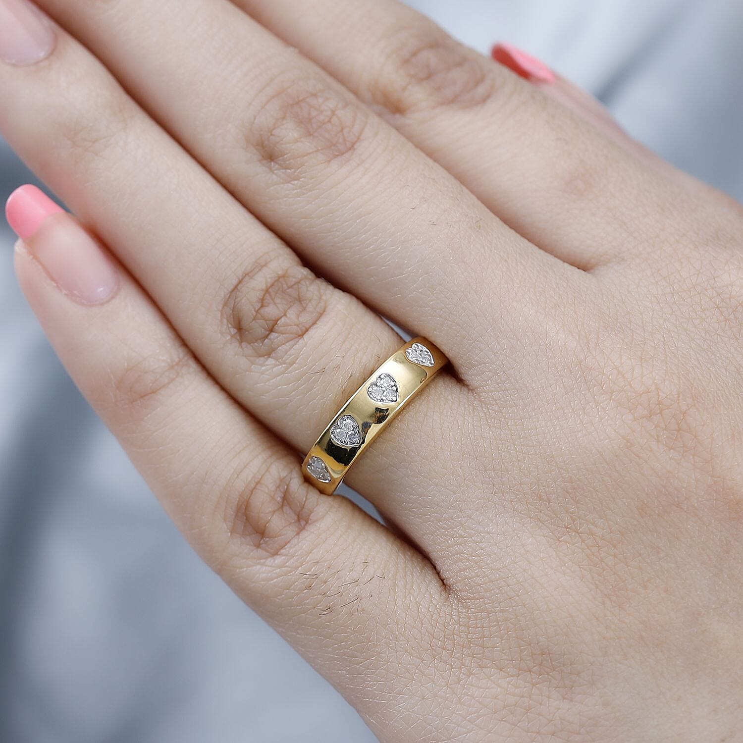 Diamond Half-Eternity Heart Band Ring in 18K Vermeil Yellow Gold Plated Sterling Silver 0.10 Ct