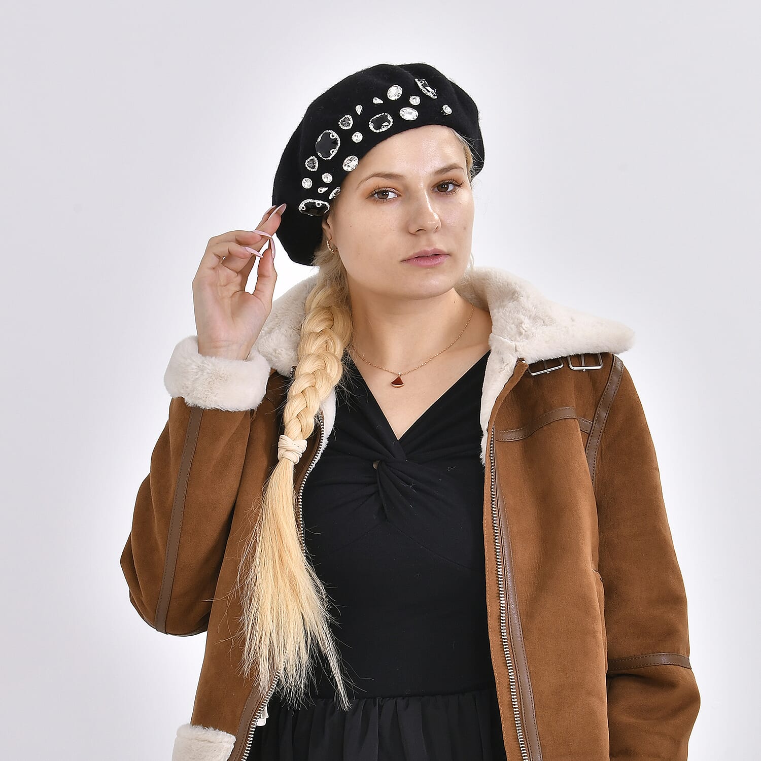 French Style Woollen Beret With Crystals - Black