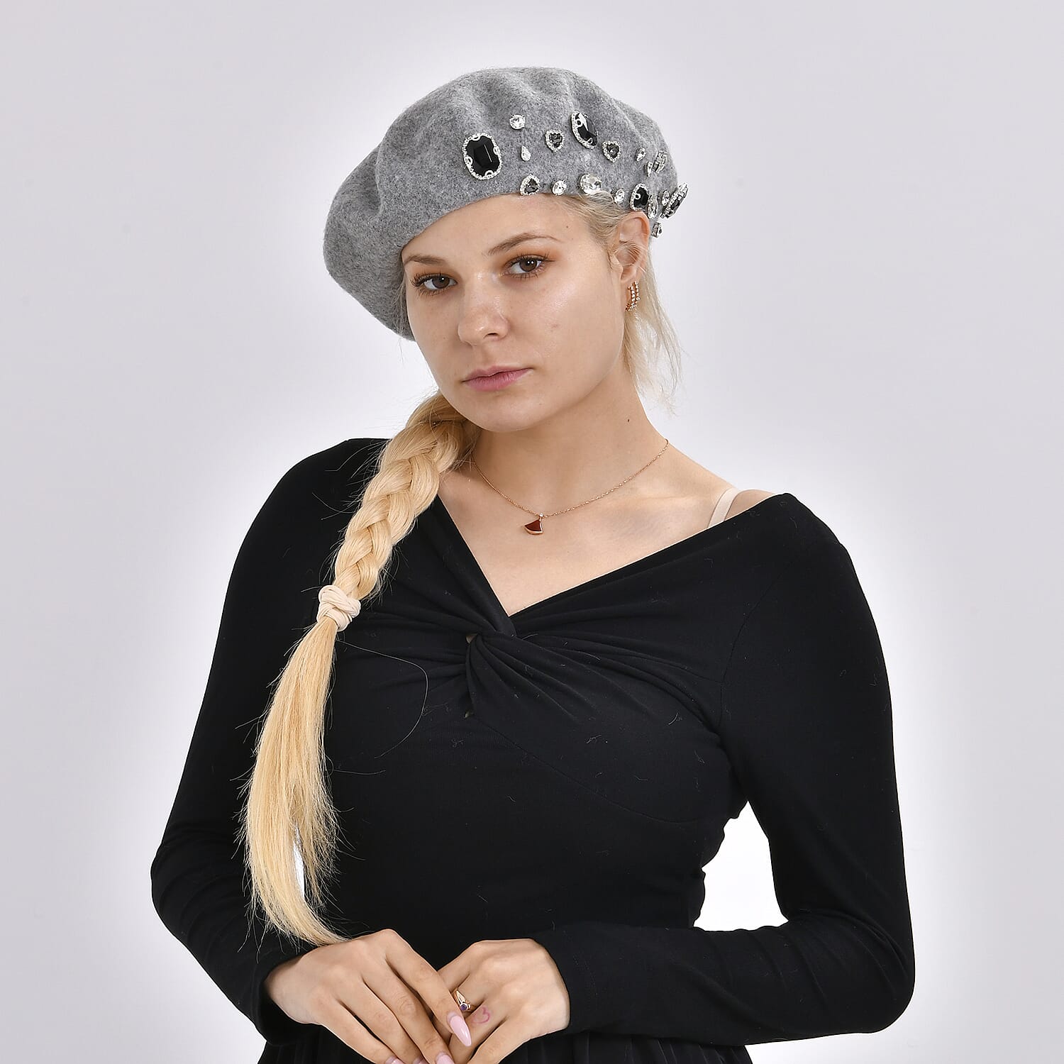 French Style Woollen Beret With Crystals - Grey