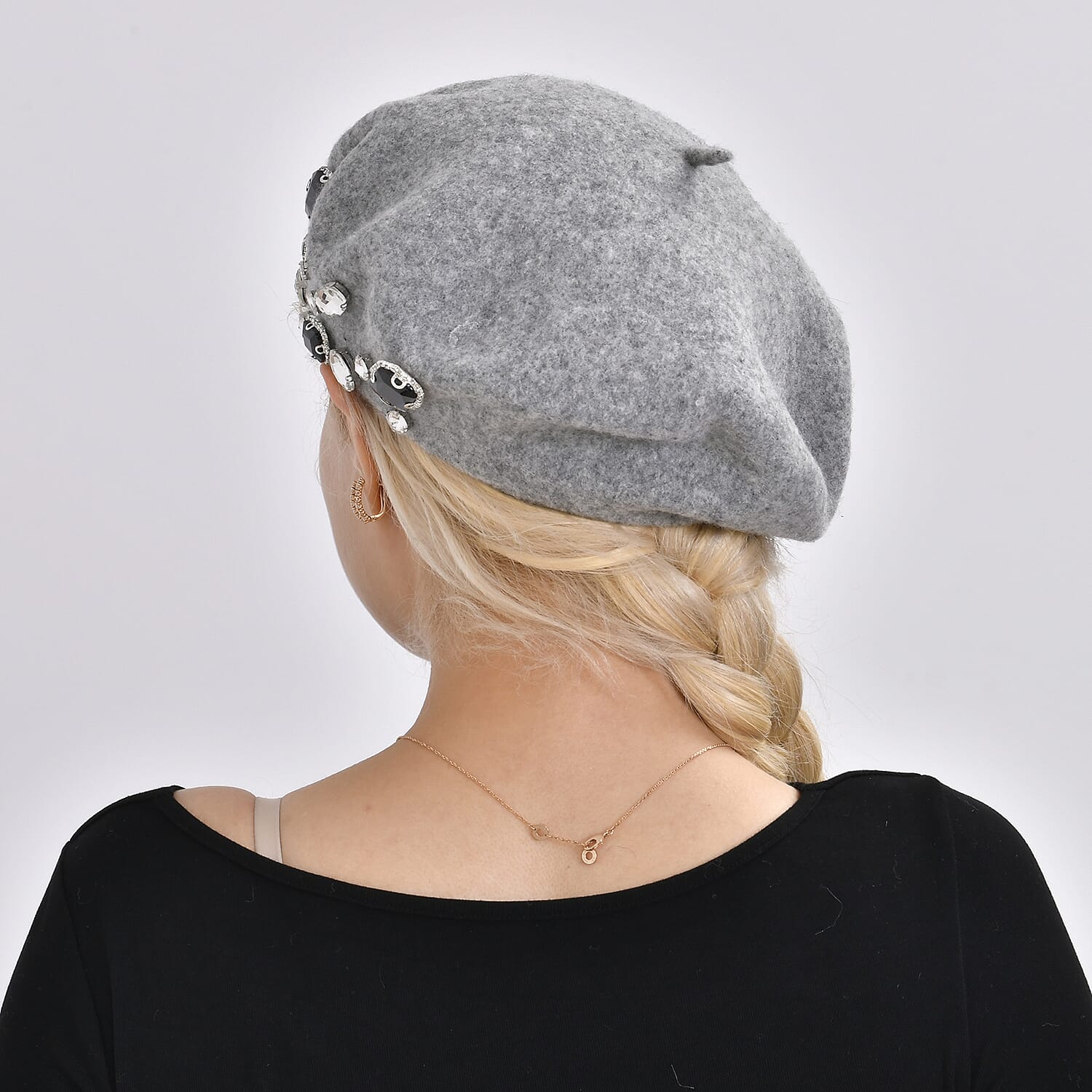 French Style Woollen Beret With Crystals - Grey