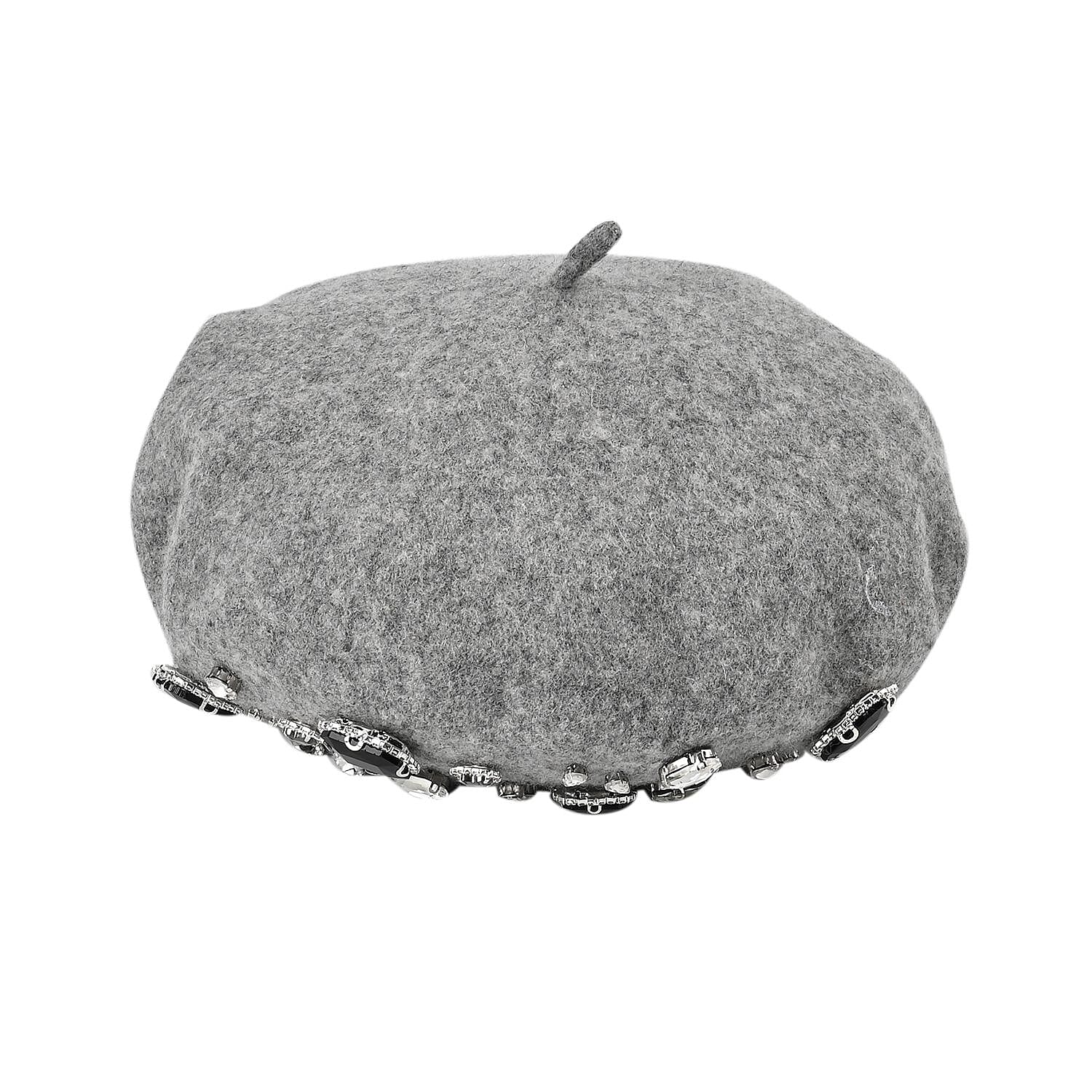French Style Woollen Beret With Crystals - Grey