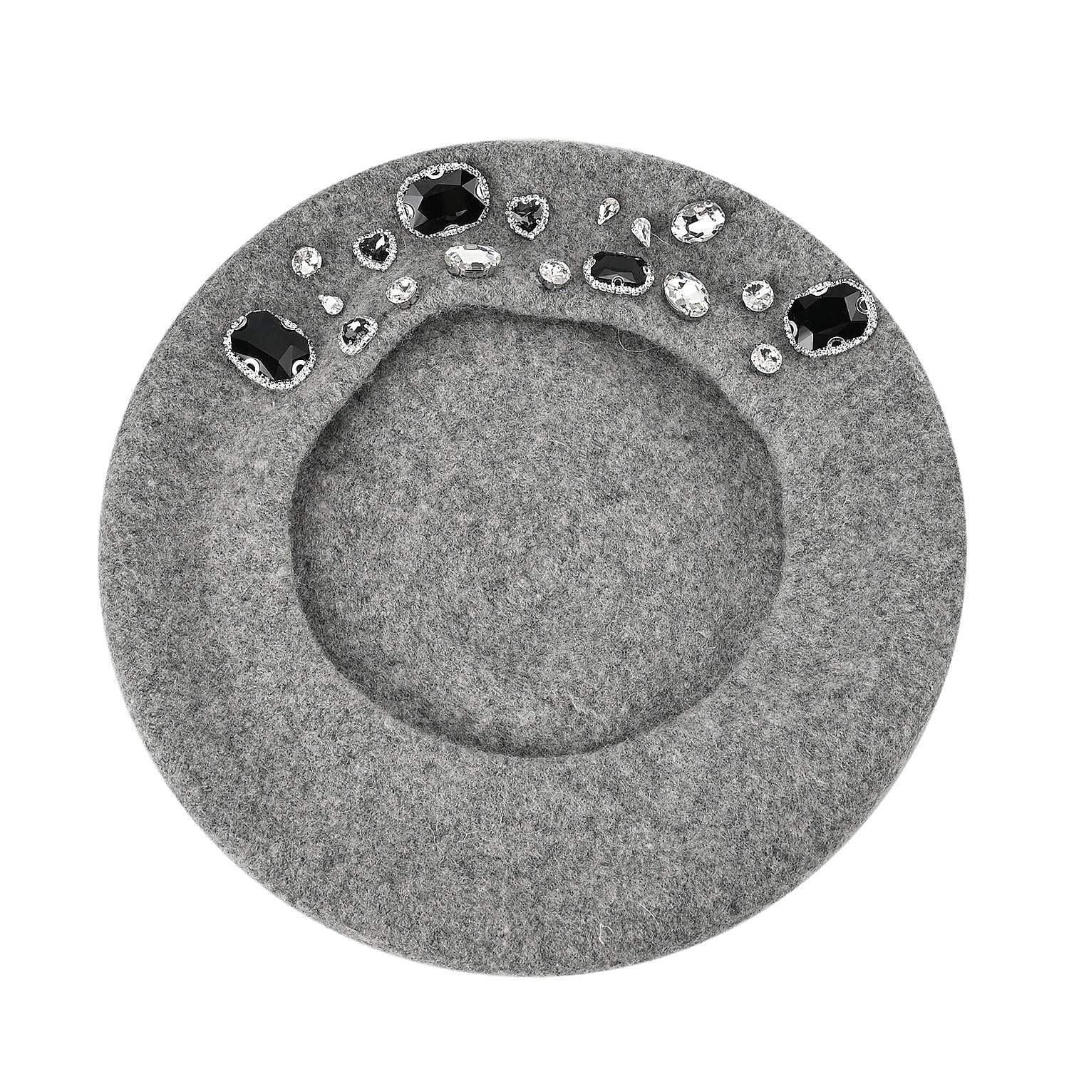 French Style Woollen Beret With Crystals - Grey