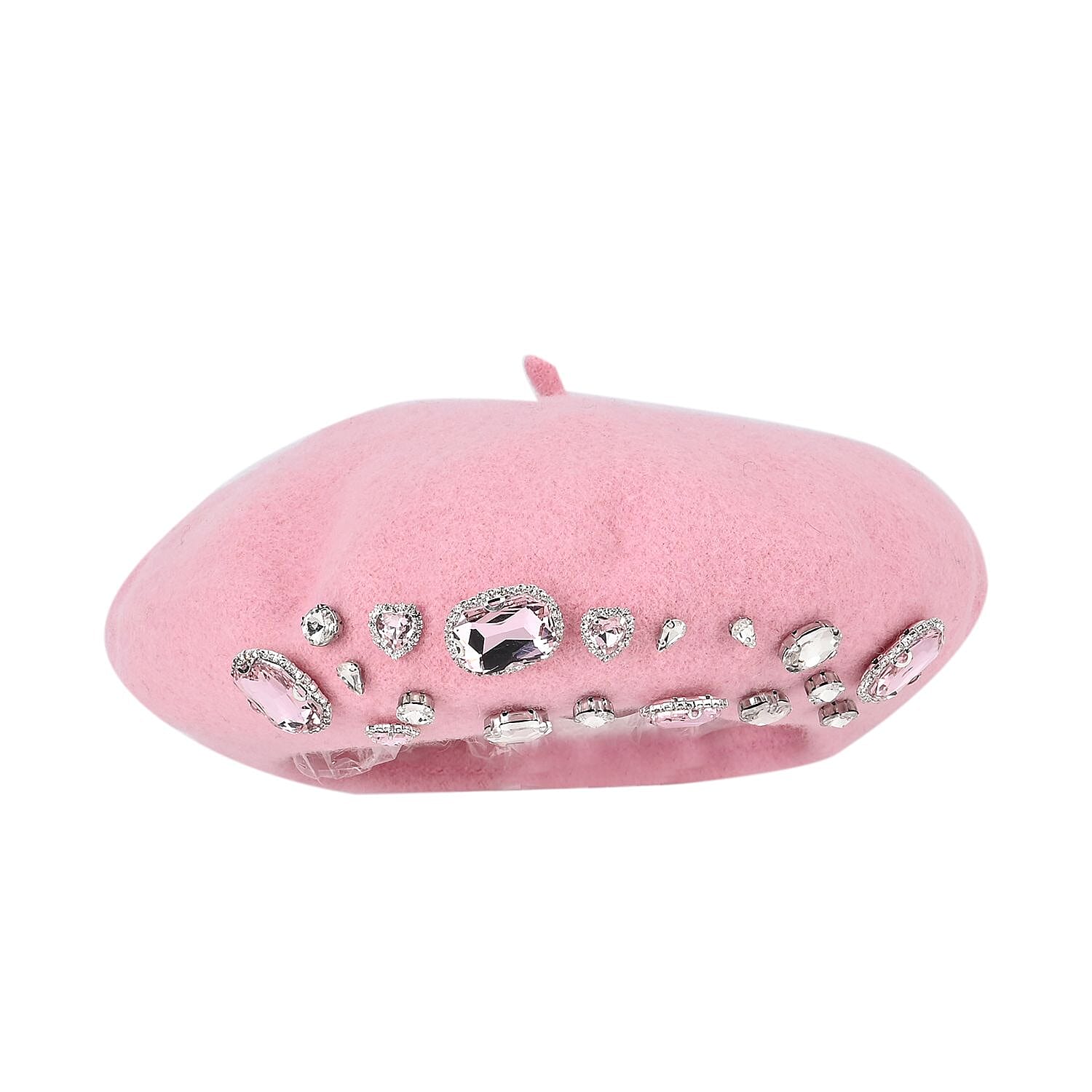 French Style Woollen Beret With Crystals - Pink