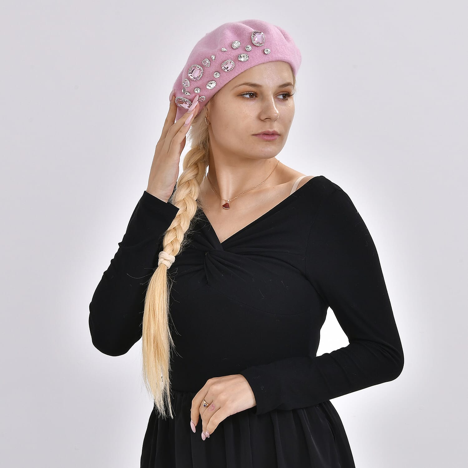 French Style Woollen Beret With Crystals - Pink