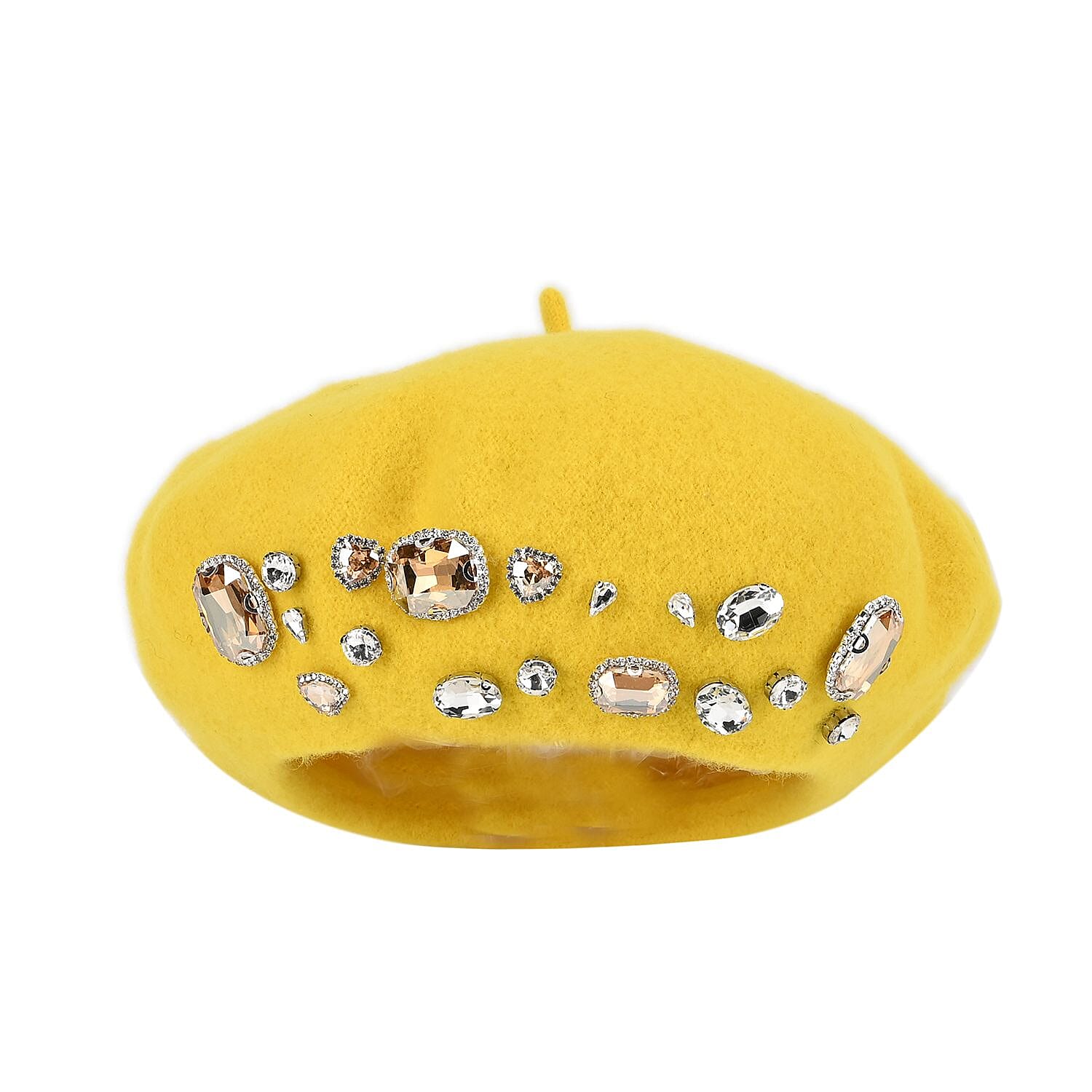 French Style Woollen Beret With Crystals - Yellow
