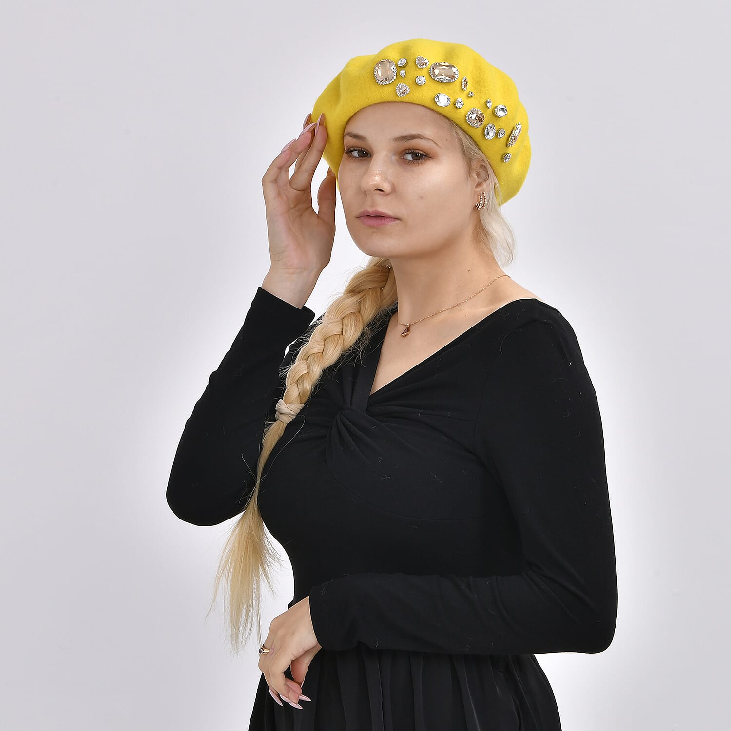 French Style Woollen Beret With Crystals - Yellow