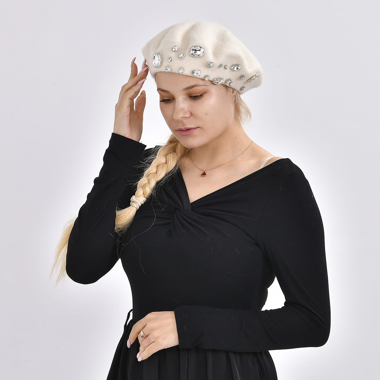 French Style Woollen Beret With Crystals - White