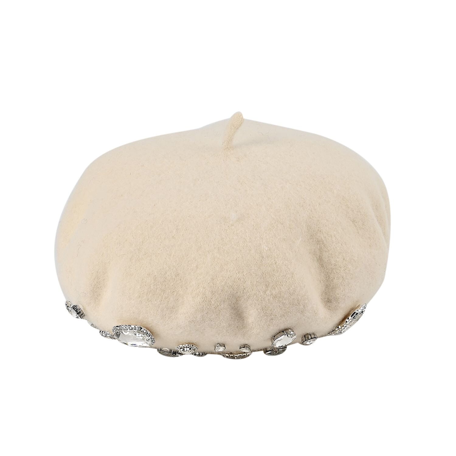 French Style Woollen Beret With Crystals - White