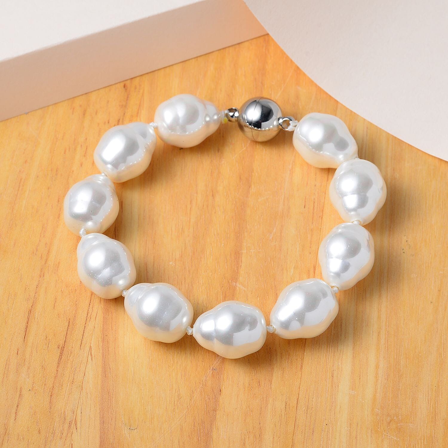 White Shell Pearl Bracelet (Size - 8) in Rhodium Overlay Sterling Silver with Magnetic Lock