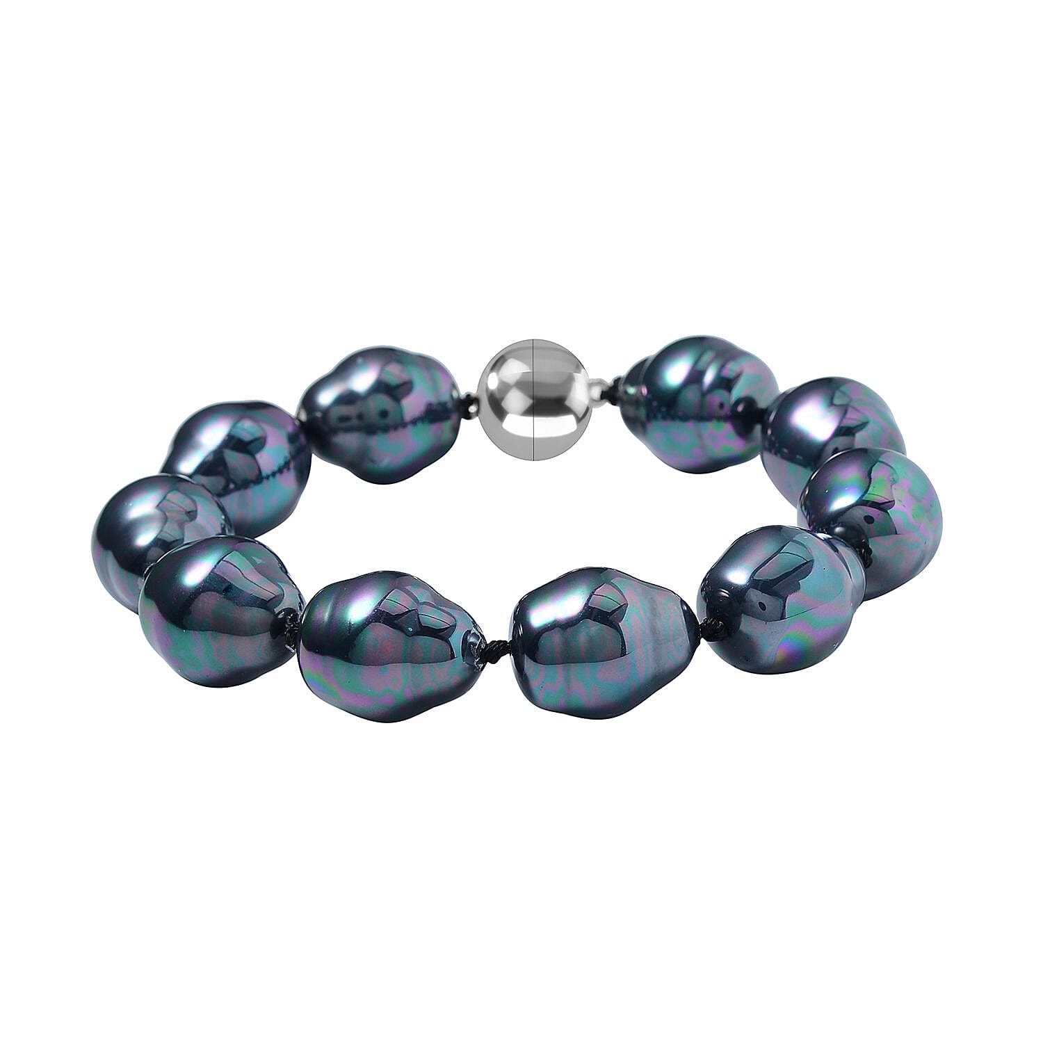 Peacock Color Shell Pearl  Bracelet (Size - 8) in Rhodium Overlay Sterling Silver with Magnetic Lock