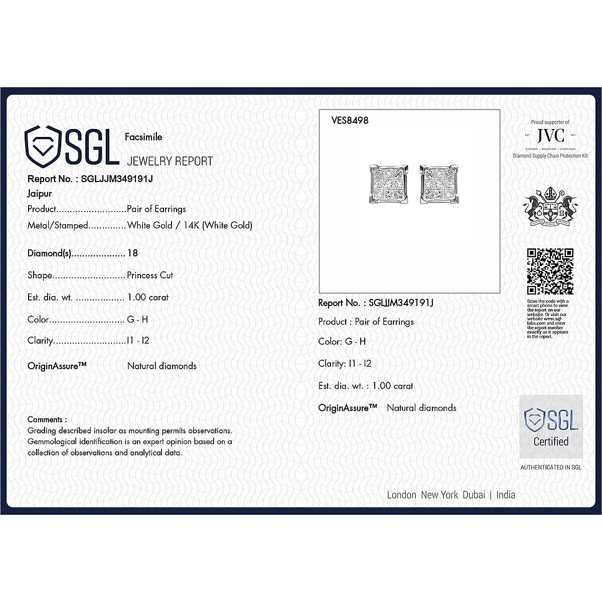 New York Close Out - 14K White Gold SGL Certified Diamond (I1-I2-G-H) Stud Earrings 1.01 Ct New York Close Out - 14K White Gold SGL Certified Diamond (I1-I2-G-H) Stud Earrings 1.01 Ct