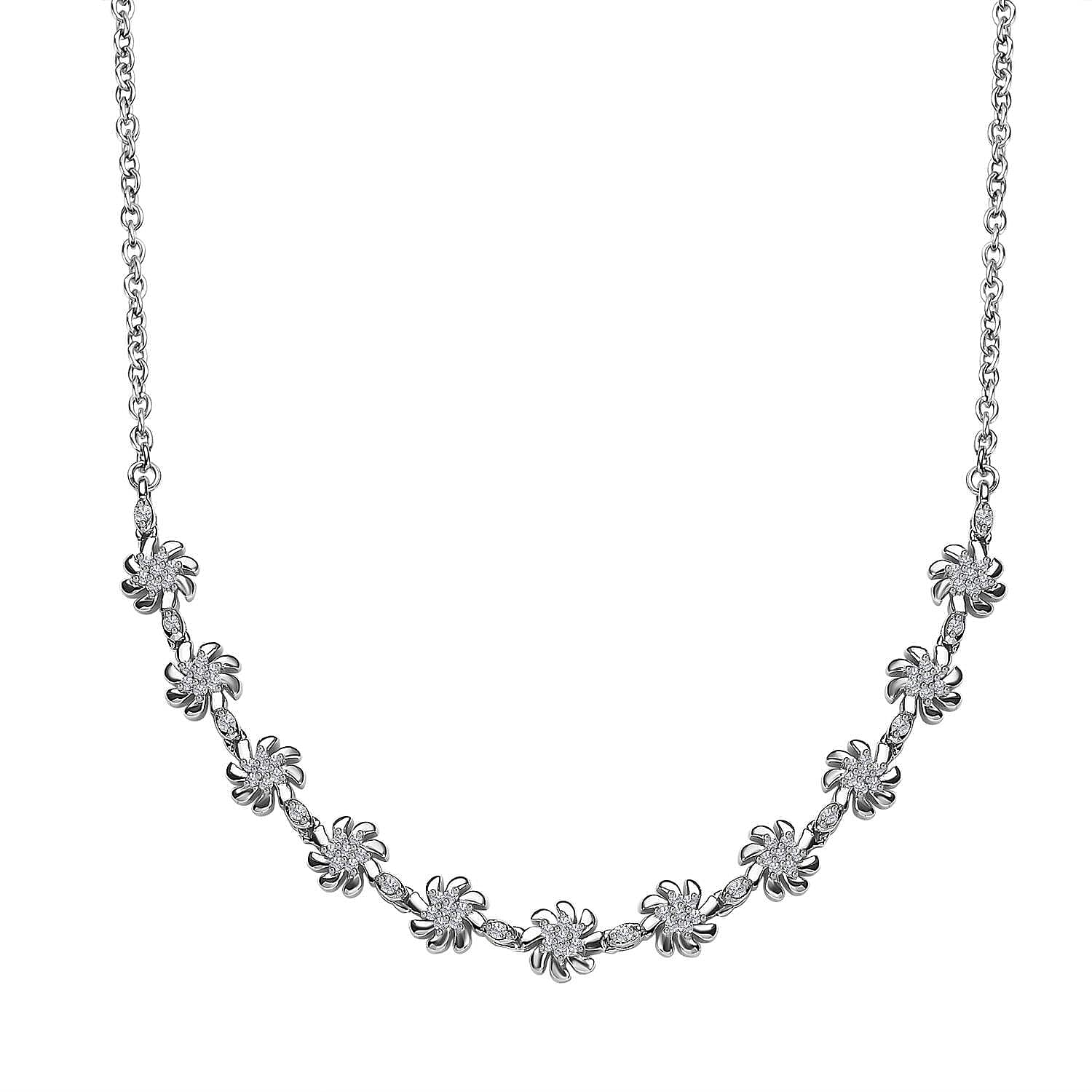 Diamond Floral Necklace (Size - 18) in Platinum Overlay Sterling Silver 0.50 Ct, Silver Wt. 8.0 Gms