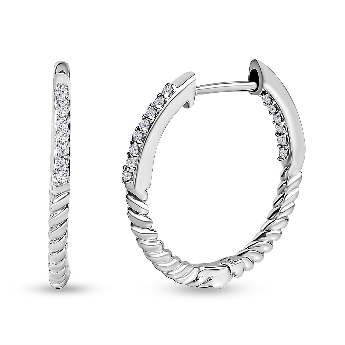 White Diamond Hoop Earring in Platinum Overlay Sterling Silver 0.17 ct 0.168 Ct.