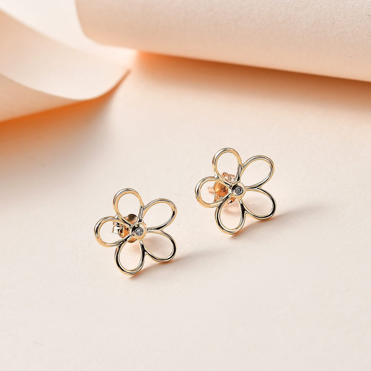 9K Yellow Gold Solitaire Diamond Floral Earrings