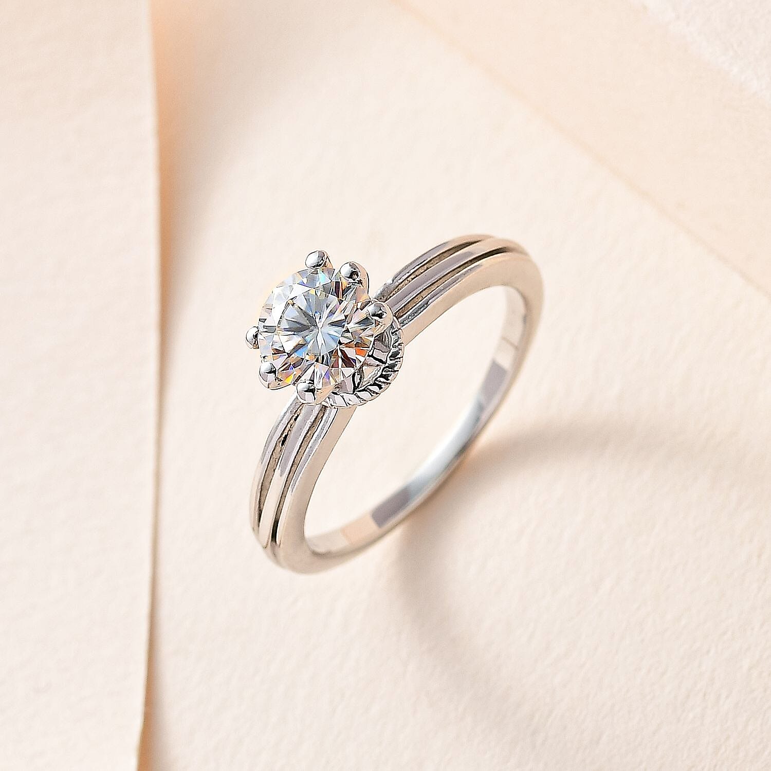 Moissanite Solitaire Ring in Platinum Overlay Sterling Silver