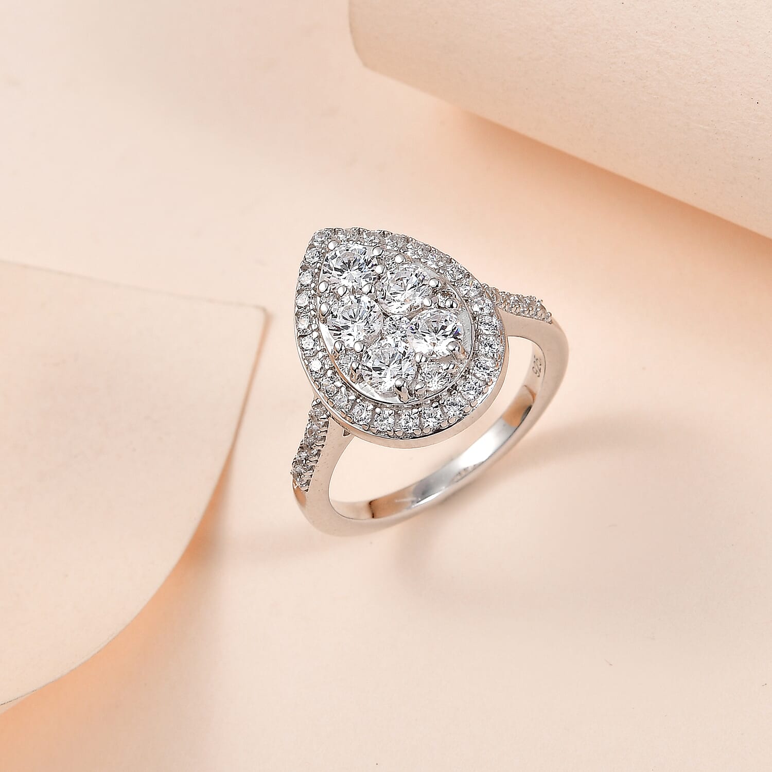 Finest CZ Halo Teardrop Ring in Platinum Overlay Sterling Silver 2.17 Ct