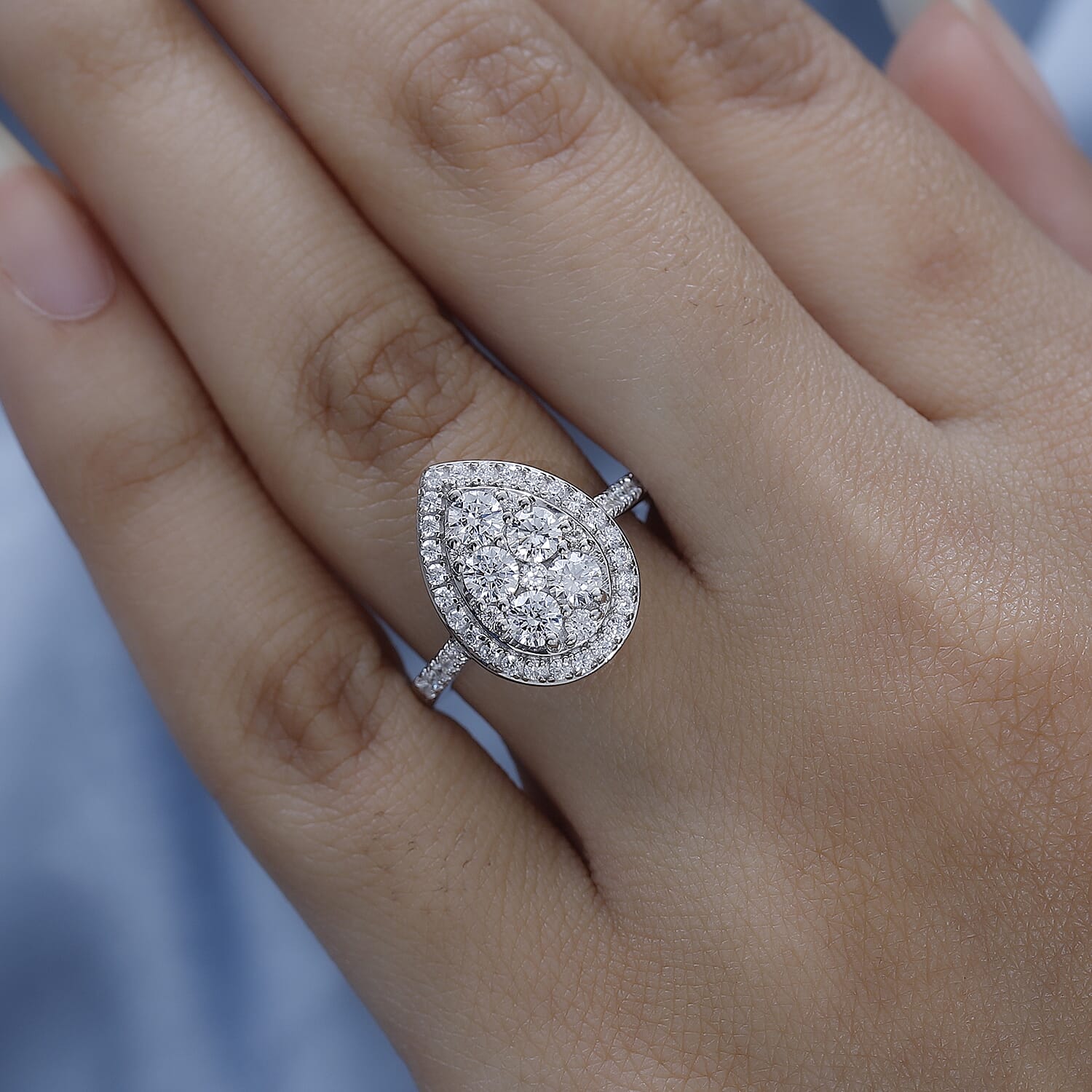 Finest CZ Halo Teardrop Ring in Platinum Overlay Sterling Silver 2.17 Ct