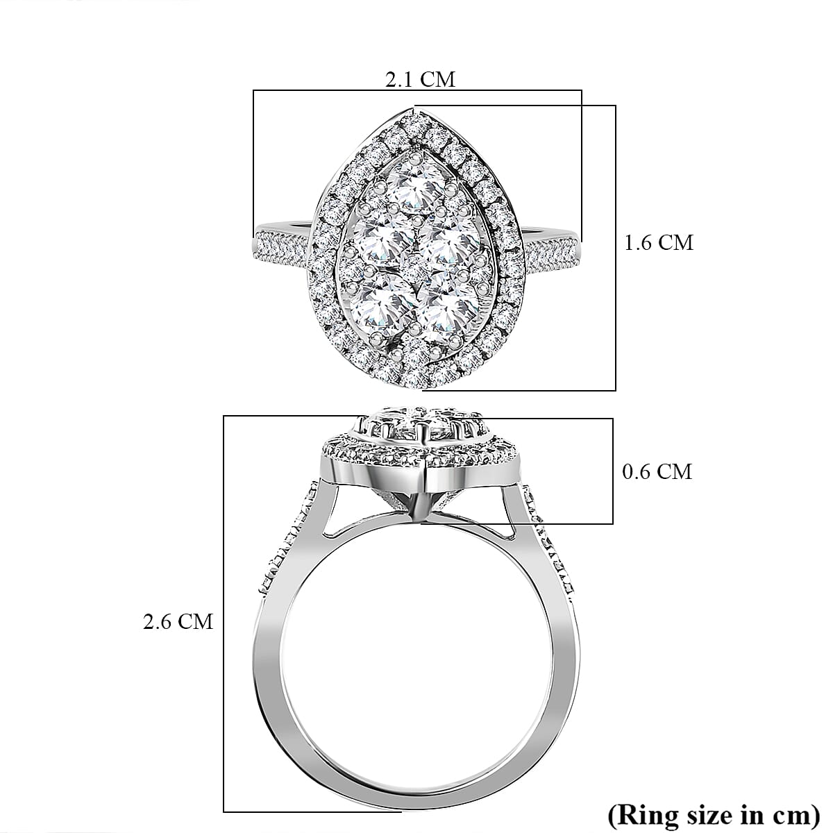 Finest CZ Halo Teardrop Ring in Platinum Overlay Sterling Silver 2.17 Ct