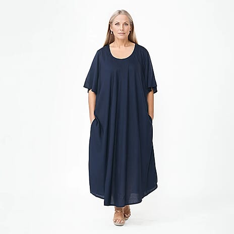 TAMSY 100% Viscose Umbrella Style Round Neck Dress with Sleeve (One Size) - Sapphire