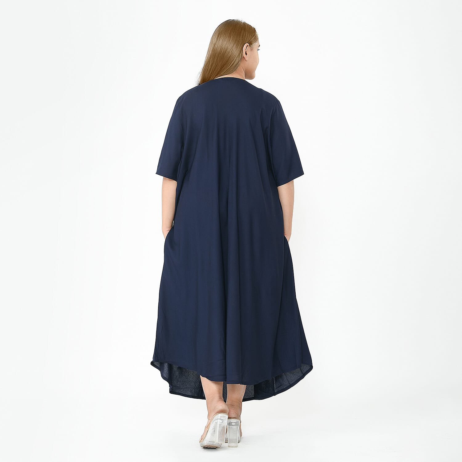 TAMSY 100% Viscose Umbrella Style Round Neck Dress with Sleeve (One Size) - Sapphire