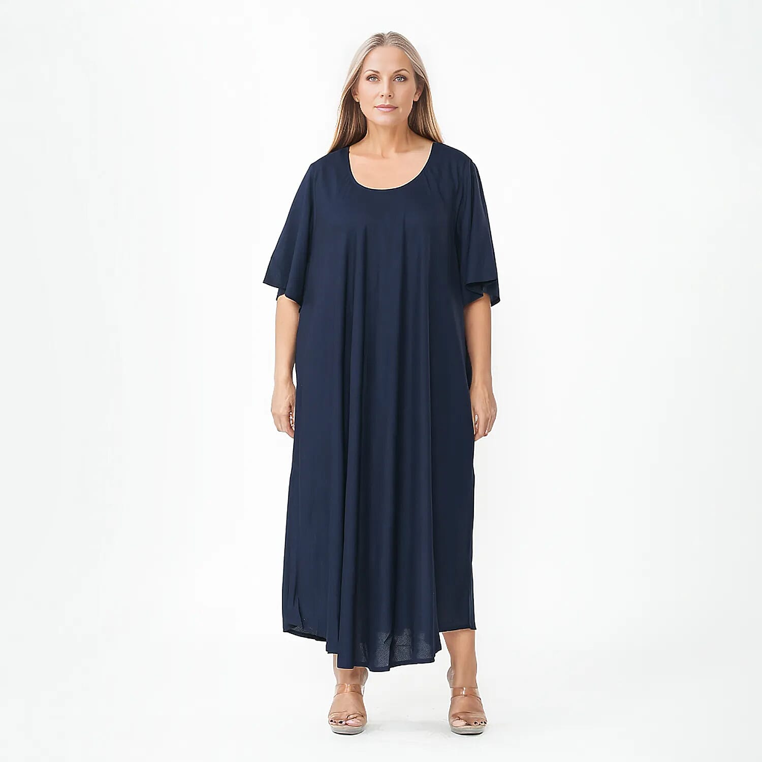 TAMSY 100% Viscose Umbrella Style Round Neck Dress with Sleeve (One Size) - Sapphire