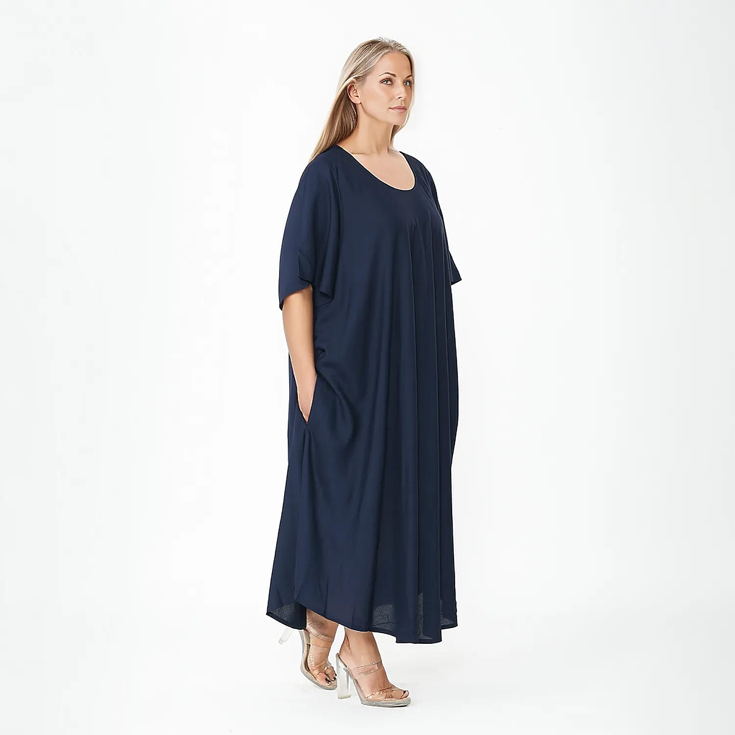 TAMSY 100% Viscose Umbrella Style Round Neck Dress with Sleeve (One Size) - Sapphire